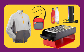 Imagens de produtos exclusivos Shell: jaqueta corta-vento, bolsa necessaire, garrafa de inox, caixa de som e churrasqueira portátil