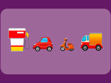 Ilustração de carro, moto e caminhão sendo abastecidos em um posto Shell