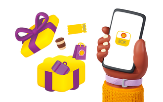 Ilustração de uma mão segurando um celular com a logomarca do Shell Box